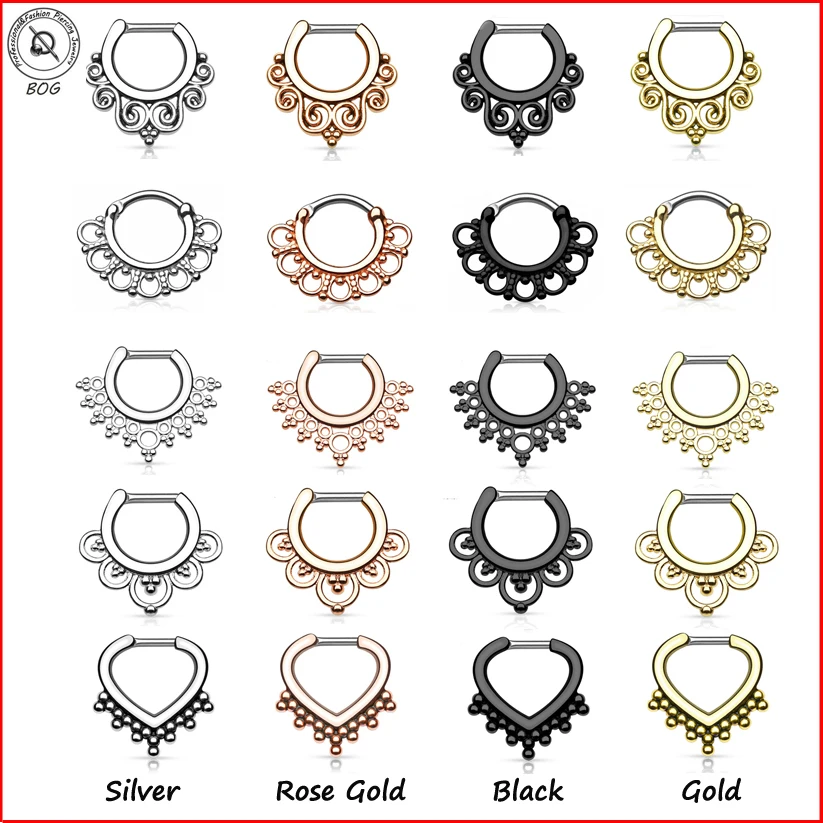 

BOG-Assorted 5 Pieces Designs Tribal Fan Titanium Septum Clicker Nose Piercing Ring Jewerly 16g Silver Gold Black Rose Gold