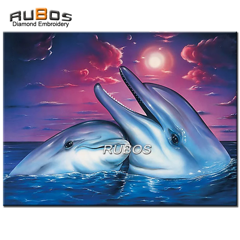 

RUBOS DIY 5D diamond mazayka diamond embroidery dolphin Night at the Sea diamond painting 3D full drill picture on wall sticker