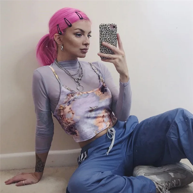 

Aphrodite Home Women Crop Tops Sexy Fashion Cartoon Print Spaghetti Straps Slash Neck Slim Fit Camis Female Party Club Short Tee