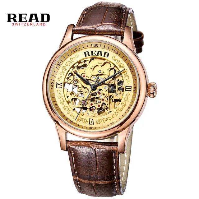 

READ Royal Knights series of hollow Automatic Mens Rose Facial brown leather 8002