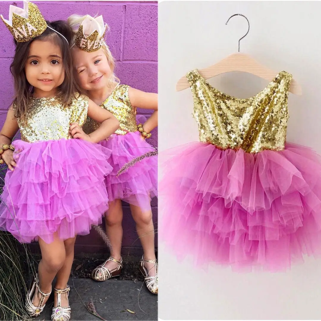 ToddlerBabyKidsGirlsPrincessDressSequinsPageantPartyLayered
