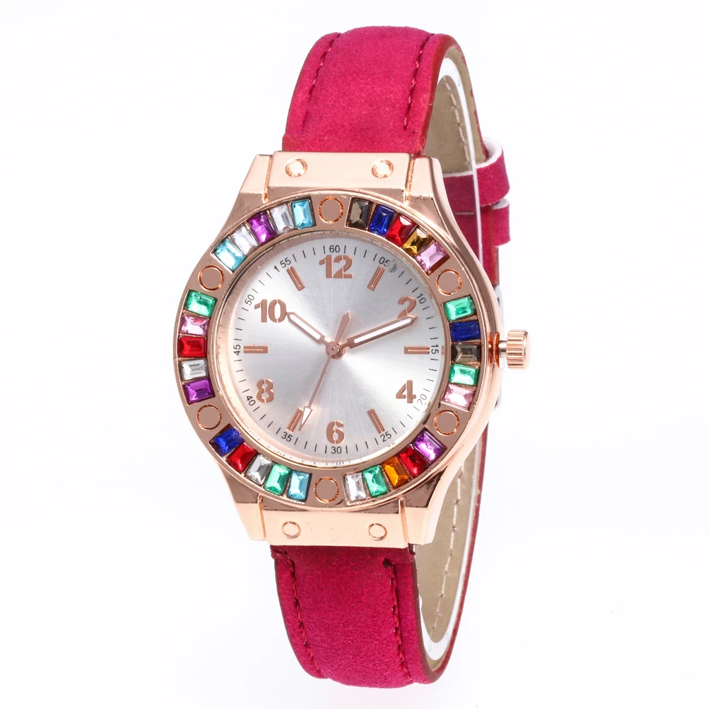 Лидирующий бренд Роскошные женские кожаные часы модные повседневные женские Reloj цветной кожаный браслет с алмазами кварцевые наручные часы gif