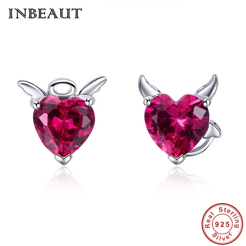 INBEAUT 925 пробы серебряные милые серьги-гвоздики в виде ангела дьявола с красным сердцем из циркона для женщин очень модно свадебные серьги, ювелирные изделия