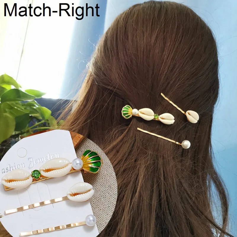 

Match-Right 3Pcs/Set Pearl Hair Clip/Stick/Pin for Women Barrette Rhinestone Shell Hairpin Styling Hair Jewelry Accessorie KK329