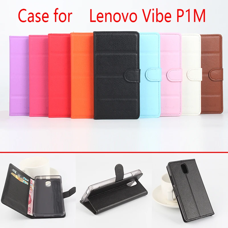 

For Lenovo Vibe P1m Phone Case Folio Flip Pure Color Lichee Pattern PU Leather Wallet Case Cover Cash/Card Slots sanheng