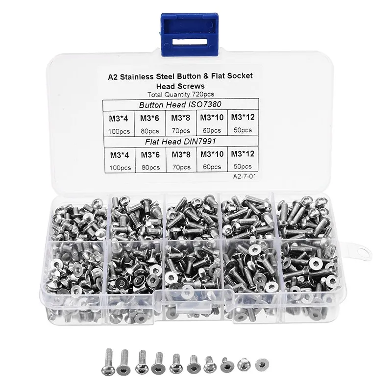 

720Pcs/Set M3SH8 M3 Stainless Steel Hex Socket Button & Flat Head Screw Bolt Assortment Kit with Box Fastener Hardware