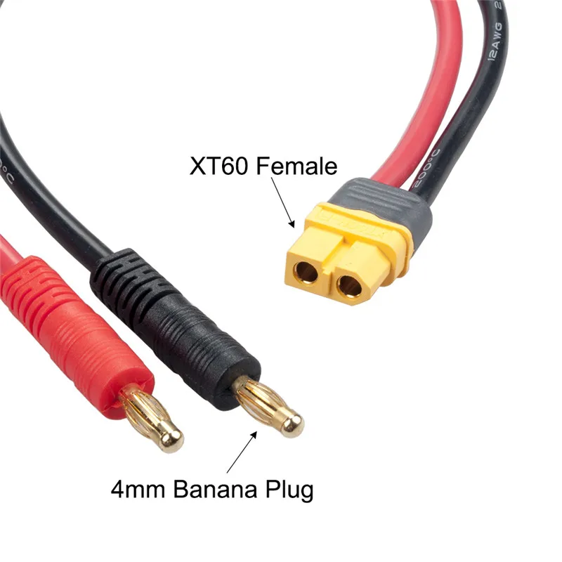 RJXHOBBY Female XT60 to 4.0mm Bullet Banana Connector with 30cm 12AWG Silicone Wire Charge Cable Adapter for RC Battery (1)