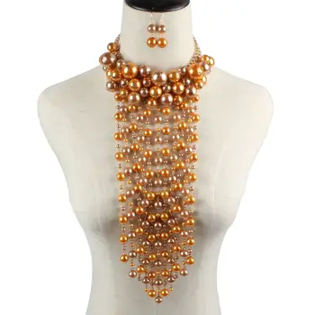 

HAEQIS imitation exaggerated pearl layered Tassel pendant woman chain elaborate necklace with earrings costume dress jewelry set