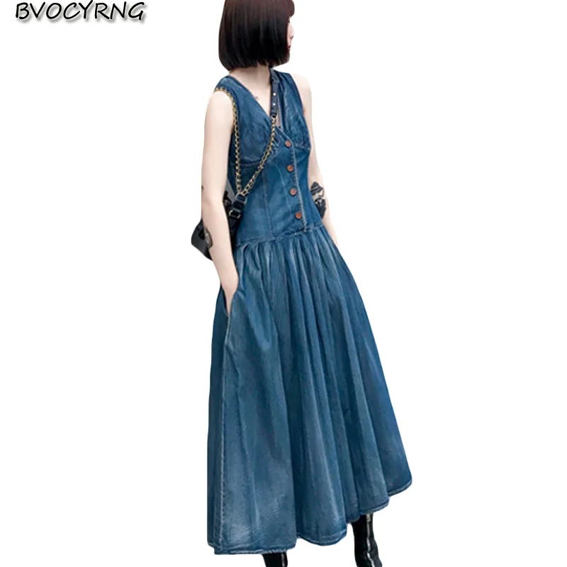 

New high-end denim dress female 2019 summer V-neck sleeveless vest jeans dresses elegant fashion large size women casual dress