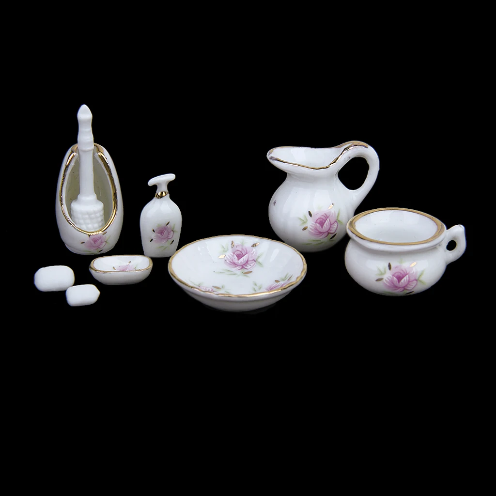 8PCS Decorative Floral Ceramic Bathroom Accessories Set for 1/12 Dollhouse