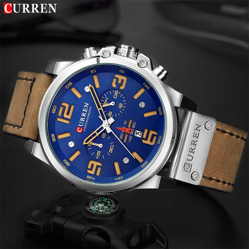 CURREN New Men's Watches Top Brand Men Military Sport Wristwatch Male Leather Chronograph Quartz Cl