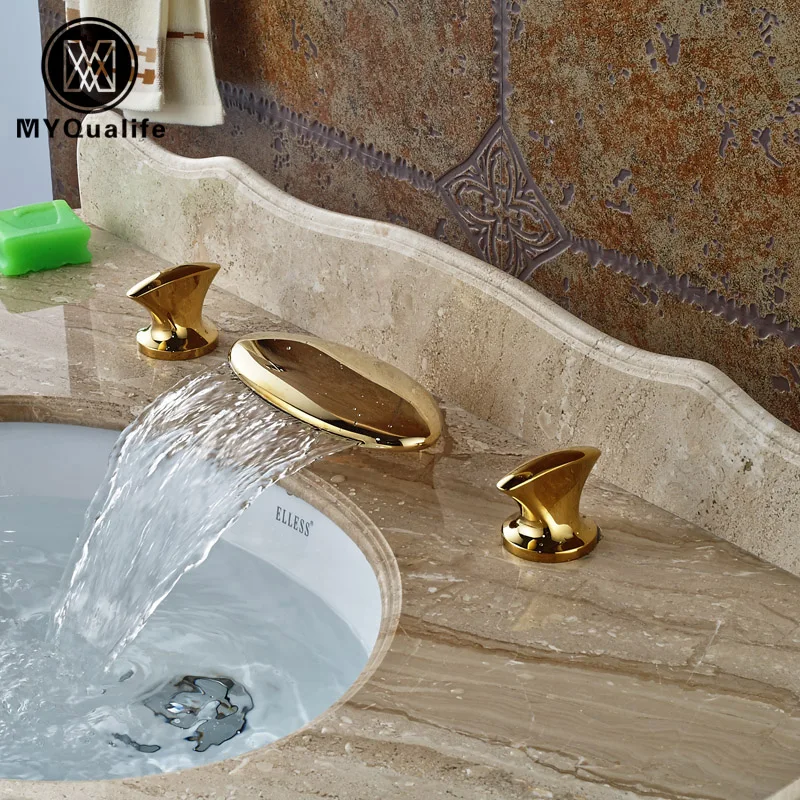 Double Golden Golden Waterfal Brass Basin Sink Faucet Bathroom 3 Holes