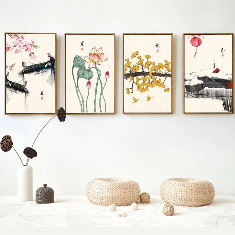 

Spring Summer Autumn Winter Seasons Art Poster Chinese Still Life Lotus Flower Snow Landscape Canvas Painting Home Decor Picture