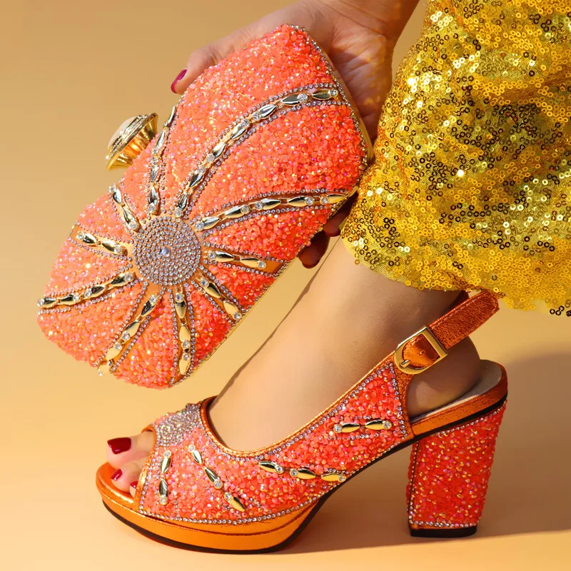 

Gorgeous high heel sandal shoes with purse bag set with stones nice matching for evening dress 2867 in orange, heel height 9.3cm