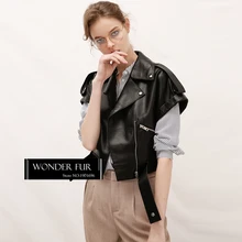 Женский современный стиль кожаный жилет наивысшего качества жилет из овчины с открытыми плечами с коротким рукавом кожаный жилет из натуральной кожи