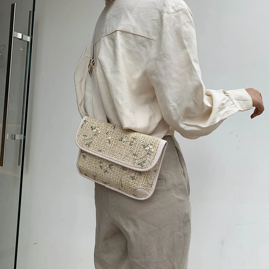 British Flap Straw Crossbody Bags For Women Floral Hasp Portable Handbag Retro Woven Square Shopping Beach Messenger Bag Bolsa#V