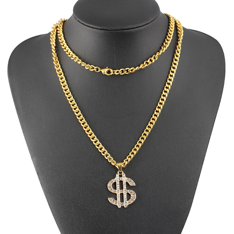 Gold Color Crystal Dollar Sign $ Pendants & Necklaces With Long Twist Chain For Woman Men Statement Hip Hop Necklace