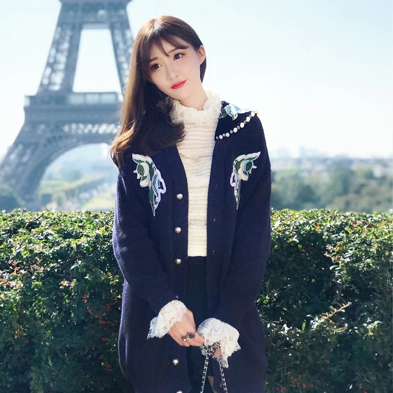 Poissons De Long 2018 Paillettes Et Pull Lâche Haute Bleu Tigre Foncé Tête Fleurs Épais Perles Cardigans Qualité Broderie Femmes gq7qS0E