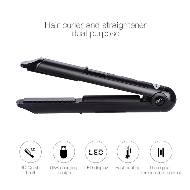 

Mini Hair Straightening Irons USB Portable Travel Wireless Battery Charge Hair Curler LED Display Flat Iron Hair Straightener