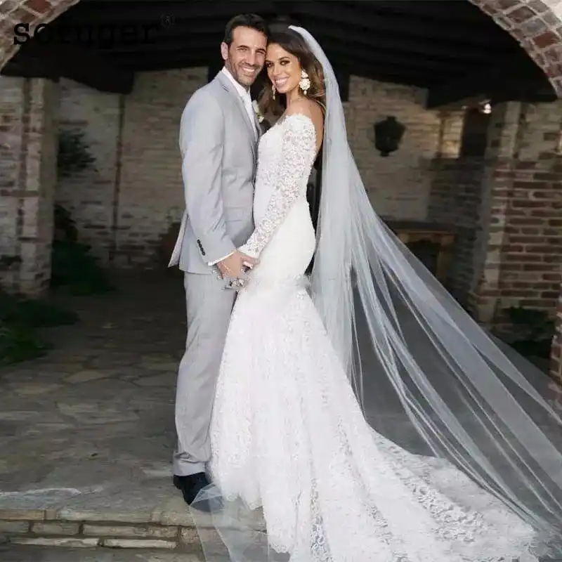 2019 Vintage Lace V Neck Wedding Dresses Backless Long Sleeve Mermaid Bridal Gowns Country Style Bohemian Vestido De Novia