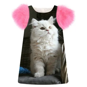 

baby Children Clothing Girls Dress Long-haired cats print fashion Birthday party winter autumn faux fur sleeve Toddler Kids