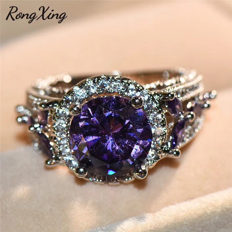 RongXing стильный круглый камень Feb камень кольца с фиолетовыми цирконами для женщин винтажное кольцо на палец Свадебные украшения подарки для влюбленных