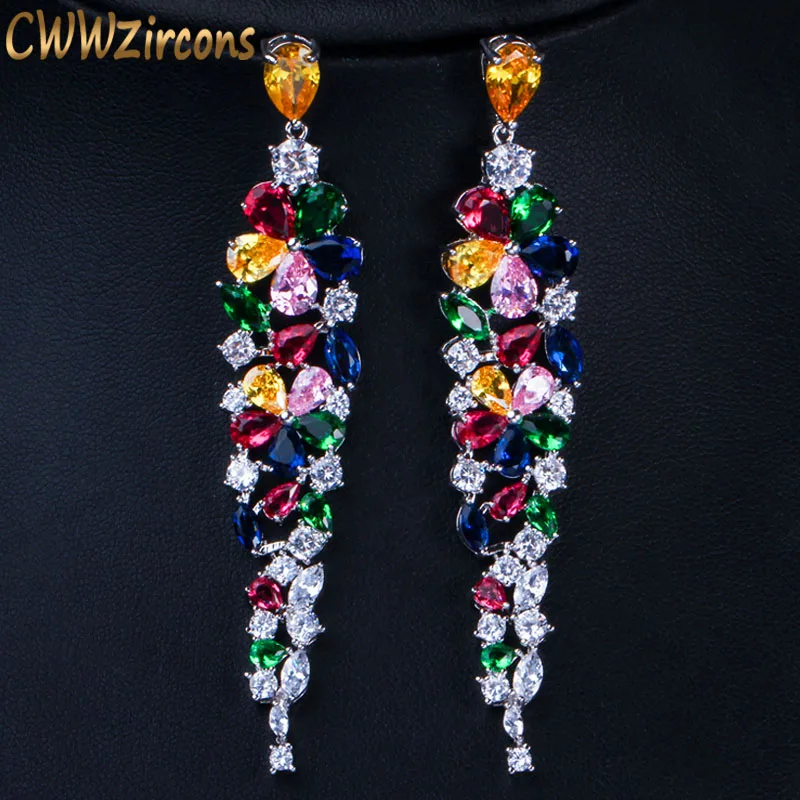 CWWZircons многоцветные массивные длинные висячие серьги в форме цветка из кубического циркония, модные свадебные ювелирные изделия CZ422 - Окраска металла: multi colors