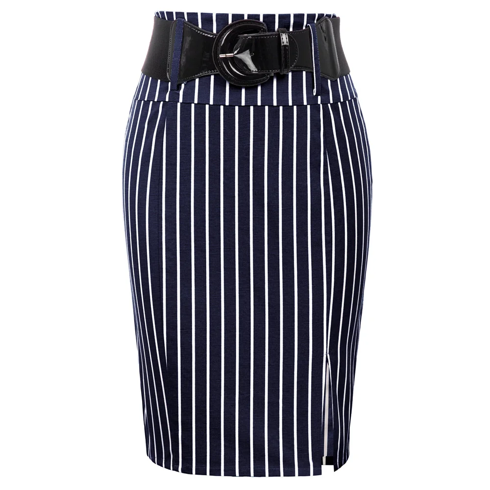 

BP Women Pinstripe High Waist Belt Decorated Hips-wrapped Bodycon Pencil Skirt