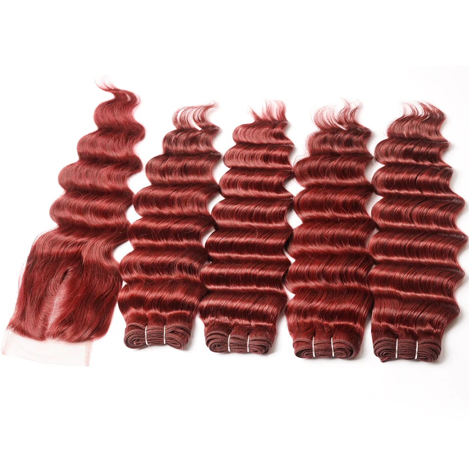 Pinshair Burgundy 99J Brazilian Loose Deep Wave Hair 4 Bundles With Closure Bold Red Human Hair Weave Lace Closure Non Remy Hair (3)
