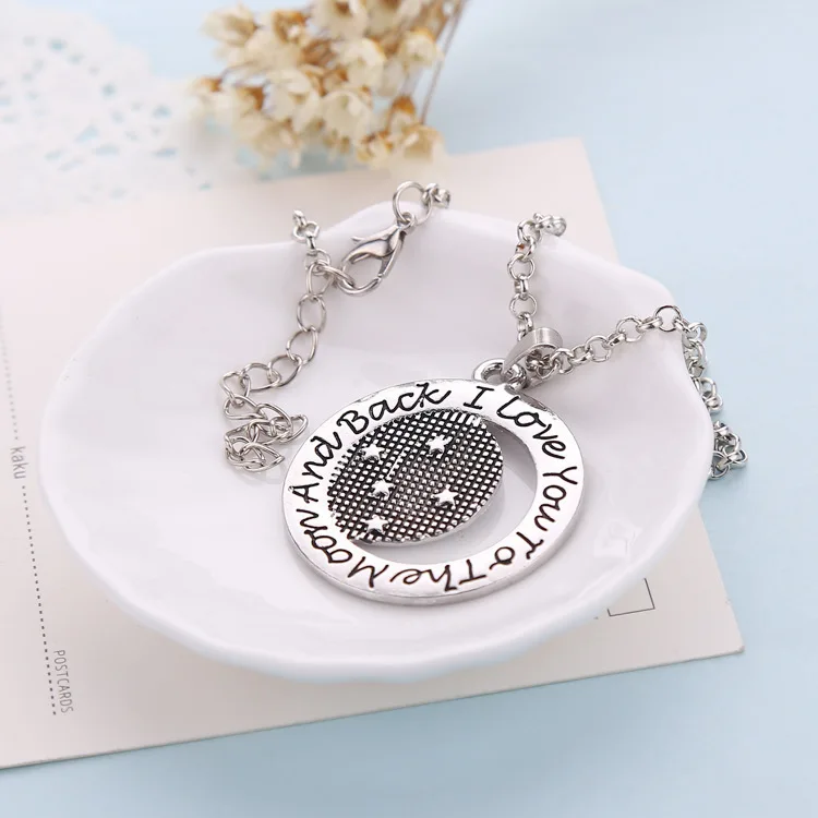 10pcs / lot I Love You to The Moon and Back Necklace Women Jewelry Circle Moon Star Charms Silver color Necklace