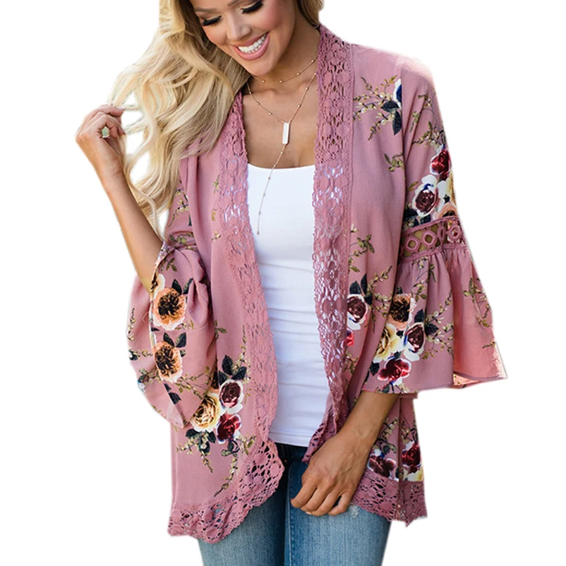 

3XL Women's Shirt Autumn Chiffon Coat Plus Size Open Stitch Loose Coats Bohemian Beach Lace Stitching Flare Sleeve Jackets Tops