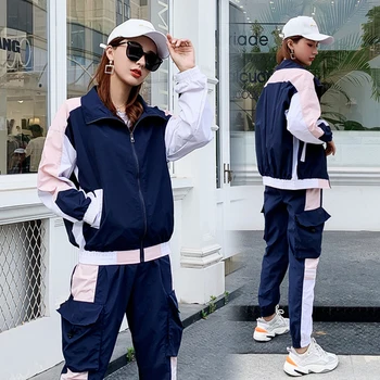 

2019 Vintage Loose Summer Set Women Casual Zip High Waist 2 Pcs Set Korean Pocket Patchwork Fashion Women's Sets