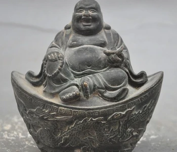 

china buddhism bronze Seat Dragon Phoenix yuanbao wealth Maitreya buddha statue