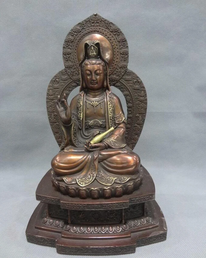 

song voge gem S5150 12" Chinese Pure Bronze Lotus GuanYin Buddha Kwan-Yin Bodhisattva Pot Statue