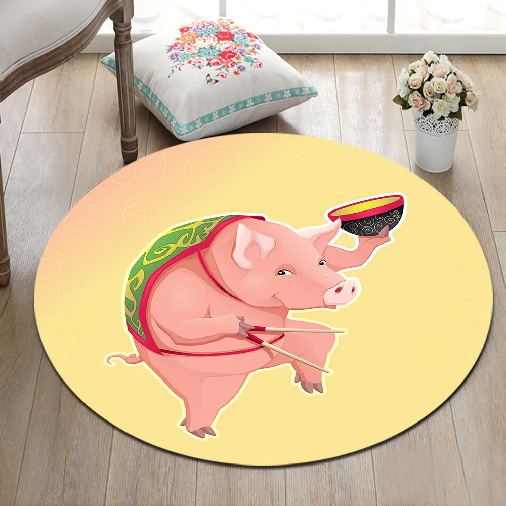 Cartoon Funny Pig Round Area Rug And Memory Foam Carpet for Kids Baby