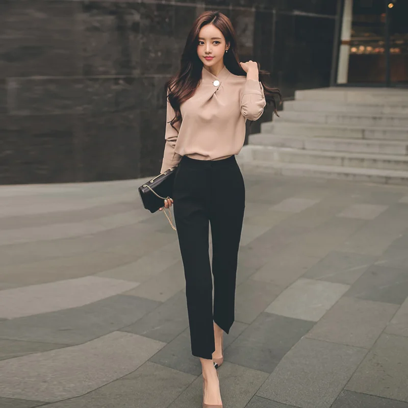 JSXDHK Office Lady 2019 Autumn Women Suits Formal Pink Chiffon Long Sleeve Shirts Top + Work Wear Black Pencil Pants 2 Piece Set |