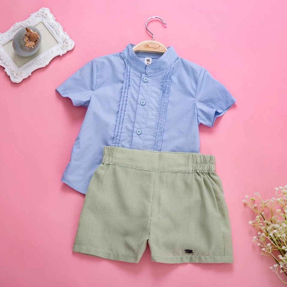 Pettigirl Summer 2PCS Boy Clothing Set Single-breasted Blue Shirts+Green Stripe Shorts Casual Kids Clothes For Boys B-DMCS004-B2 |