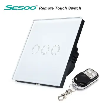 

SESOO EU Standard 3 Gang 1 Way with Remote Control Switches,Crystal Glass Panel,Wireless Remote Control Wall Touch Switch