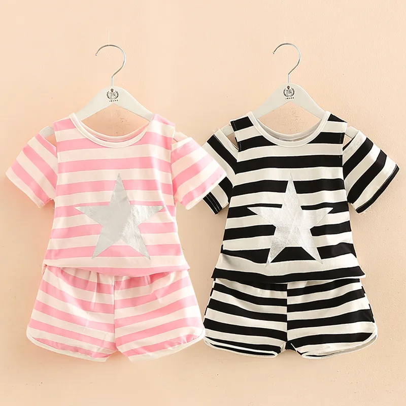 

Girls Clothing Set 2018 Summer 2-10 Years Old Kids Girl Star Strip Print Wrap Shoulder T Shirt+Shorts Sports 2 Pcs Tracksuit Set