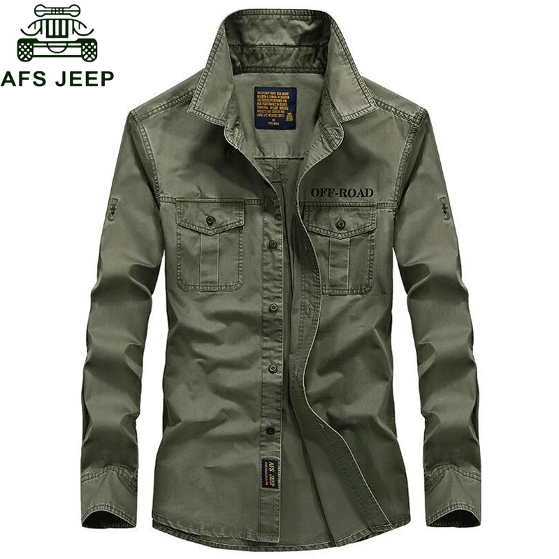 Kaufen AFS Jeep Marke Frühling Autum Militär Shirt Männer 100% Baumwolle Langarm Armee Shirts Camisetas hombre Plus Größe 4XL Chemise homme