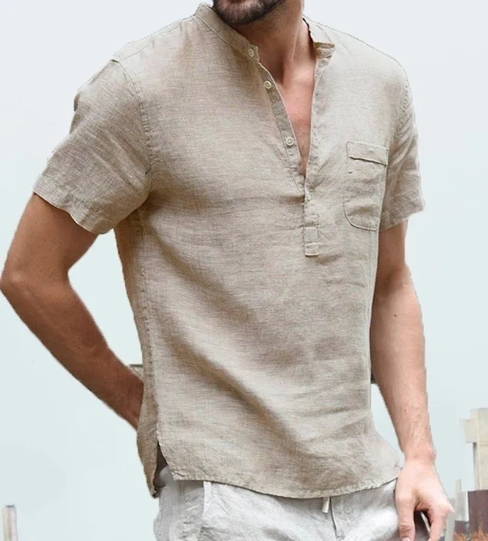 Men's Casual Linen Shirts Male Mandarin Collar Sexy V-Neck Cotton Linen Shirt Tops Summer Short Sleeve Flax Shirts 3XL image 6