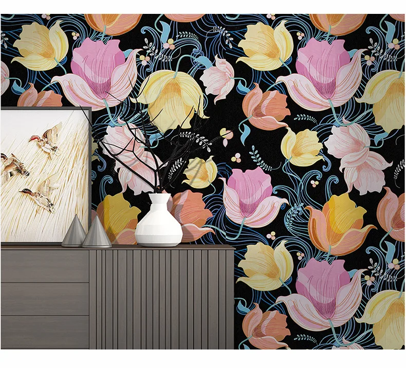 

Garden Flower Self-adhesive Wallpaper Black Background Flower Wall Stickers Furniture Renovation Stickers House Decoration
