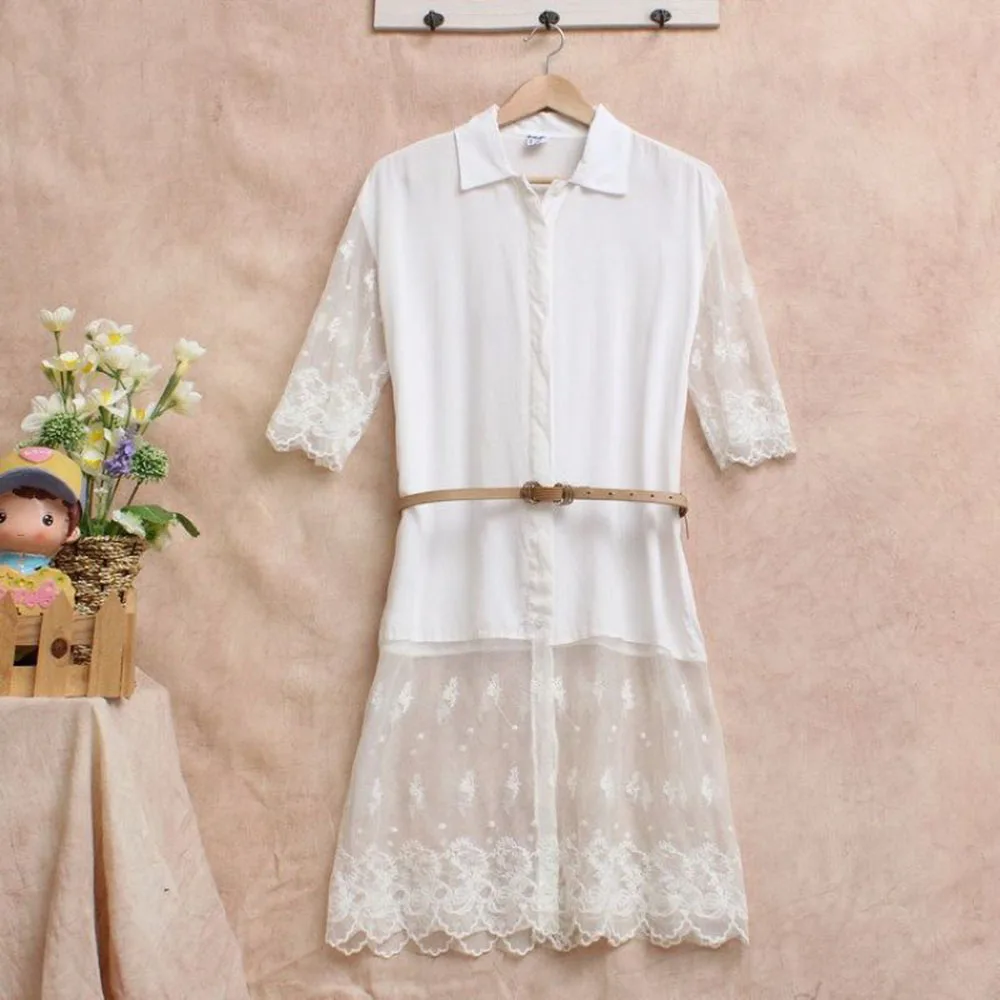 

Women Autumn Spring Out Wear White Lace Bottom Joint Blouses 2018 Special shirt Top front Button Half Sleeve Blusa Y03652