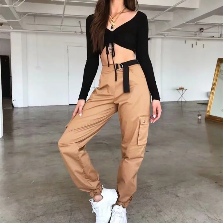 

Women Loose High Waist Harem Pants Summer Solid Button Pockets Cargo Pants Slim Clothing Casual Trousers