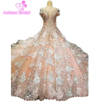 

2017 Vintage High Quality Luxury Pink Lace Appliques Flowers Wedding Dress Cathedral Train Ball Gown Sleeveless Bridal Dresses