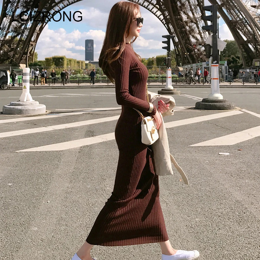 Online Spring Fashion Knitting Cotton Dress Women Long Sleeve O neck Sheath Ankle Length Dress Winter Warm Slim Pullovers Sweater Dress