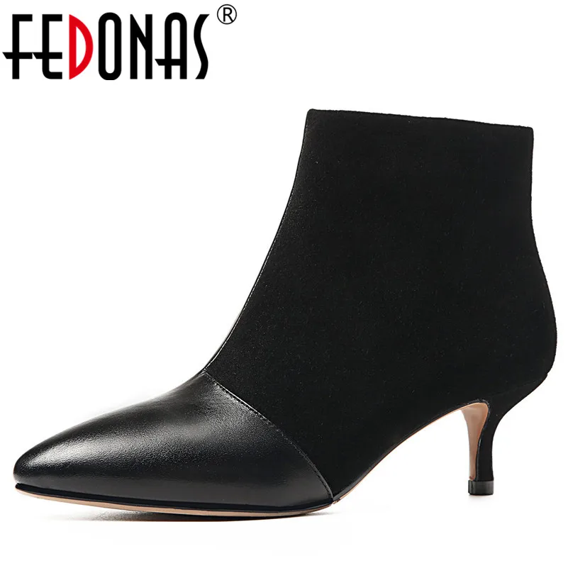 

FEDONAS 1Fashion Women Ankle Boots Genuine Leather+Cow Suede Autumn Winter Warm High Heels Shoes Woman Pointed Toe Basic Boots