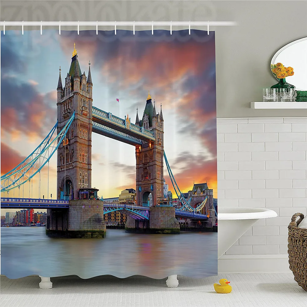 London Shower Curtain Historic Old Tower Bridge British Kingdom Skyline Ancient Cultural Monuments Bathroom Decor Set wit | Дом и сад