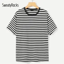 SweatyRocks Для мужчин Черный и белый Striped Ringer Tee уличные футболки модные Костюмы 2019 Лето Повседневное терморубашка Мужская и топы