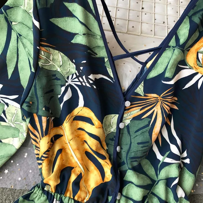 Boho Short Women Jumpsuit Beach V Neck Backless Korean Sexy Chiffon Tunic Floral Print Plus Size Summer Women Overalls Rompers Boho Short Women Jumpsuit Beach V Neck Backless Korean Sexy Chiffon Tunic Floral Print Plus Size Summer Women Overalls Rompers